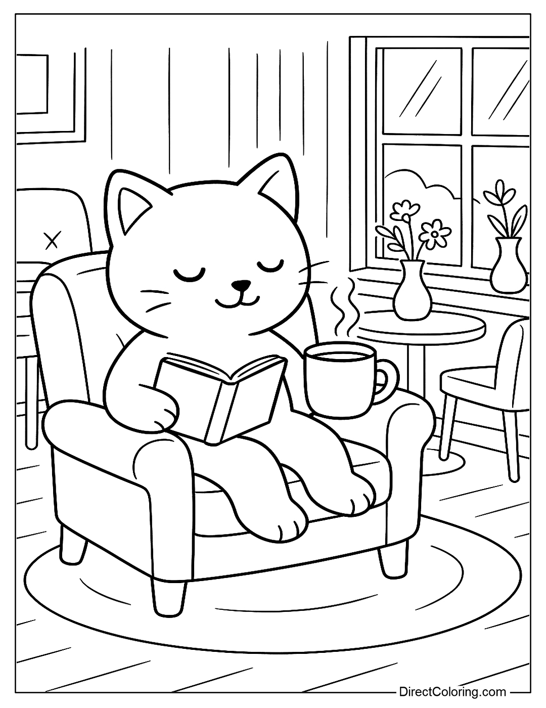 Cat Reading Book and Drinking Coffee Coloring Page